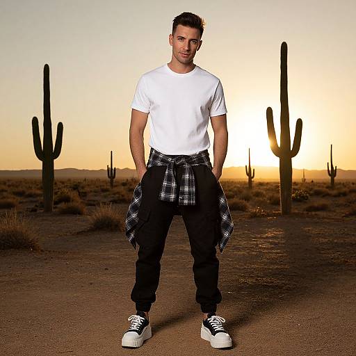 Photograph of a young man with short dark hair, wearing a white t-shirt, black pants, plaid shirt tied around waist, and white sneakers