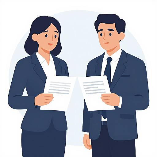 Digital illustration of a smiling Asian man and woman in navy business suits, both holding white papers, standing side by side against a white background.