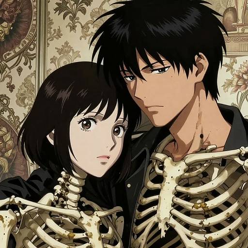 Anime-style digital drawing of a black-haired man and woman standing close, both with skeletal torsos, in a vintage, ornate room.