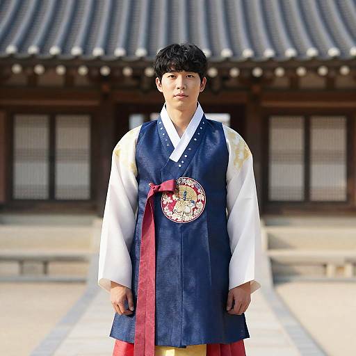 Photograph of a young Asian man with short black hair, wearing traditional Korean hanbok with white shirt, blue vest, red sash, and