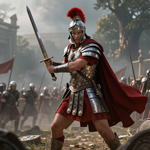Photorealistic CGI of a muscular, bearded warrior in silver armor and red cape, holding a sword, amidst a smoky battlefield with fellow soldiers