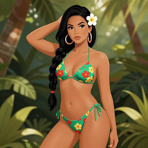 Digital art of a tan-skinned woman with long black hair in a braid, wearing a green floral bikini, hoop earrings, and a white flower