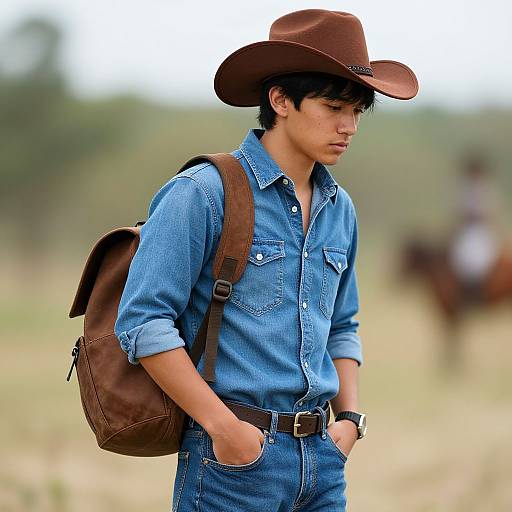 Young Asian man in brown cowboy hat, blue denim shirt, and jeans, with brown backpack, standing outdoors, blurred horse rider background.