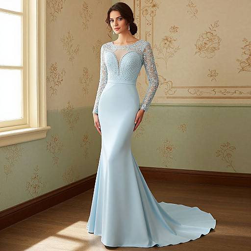 Photograph of a brunette woman in a light blue, lace-trimmed, long-sleeve, mermaid-style wedding gown, standing in an