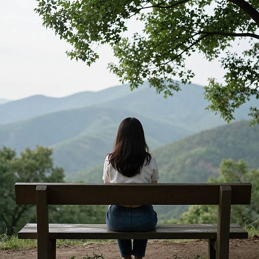 Photograph of a woman with long brown hair, white blouse, and blue jeans, sitting on a wooden bench, facing mountain landscape under a leafy