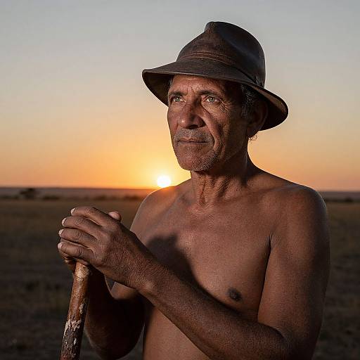 Photograph of a shirtless, elderly, dark-skinned man with a weathered face, wearing a brown hat, holding a stick at sunset in