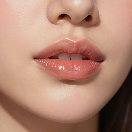 Close-up photograph of a young woman's glossy, pink lips and fair skin, partially open, with a soft, smooth texture.