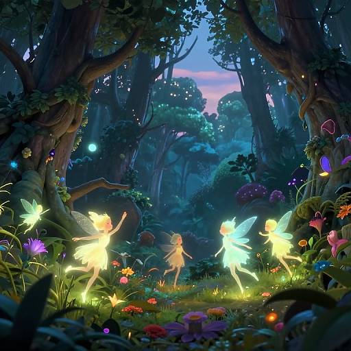 Digital fantasy art: Glowing fairy lights illuminate four ethereal, luminescent fairy children in a magical, twilight forest filled with vibrant flowers and towering