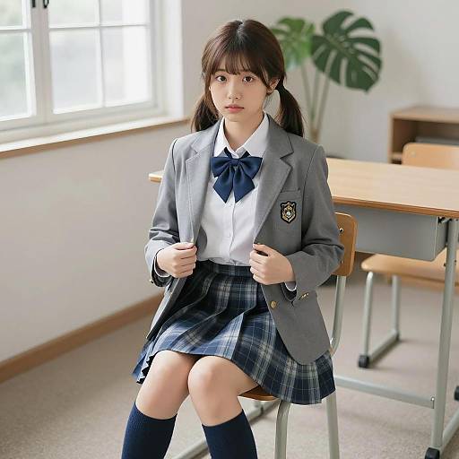 Asian Schoolgirl in Uniform Sitting in Classroom