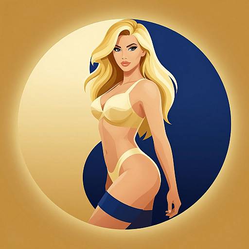 Digital illustration of a blonde woman with large breasts, wearing yellow lingerie and blue garter, standing against a glowing yellow and blue circular background.