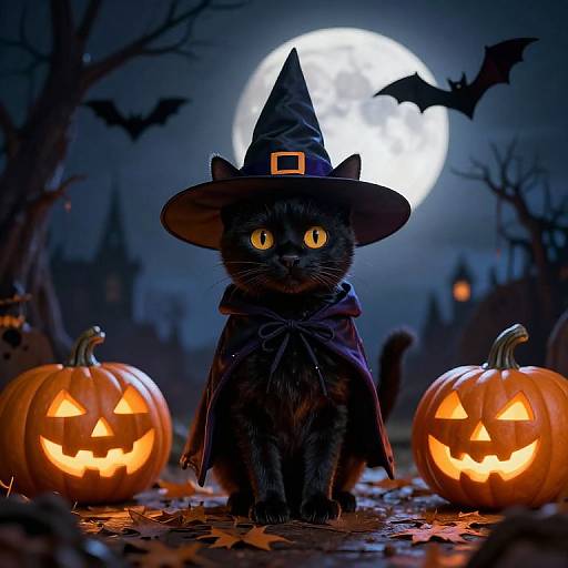 Photograph of a black cat in a witch hat and cape, with glowing yellow eyes, between two carved pumpkins, under a full moon and bat