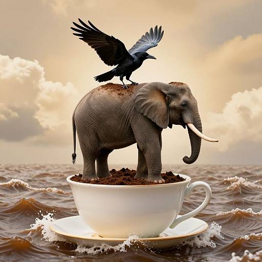 Photograph: A gray elephant with dust on its back stands in a white teacup on choppy ocean waves, with a black crow perched