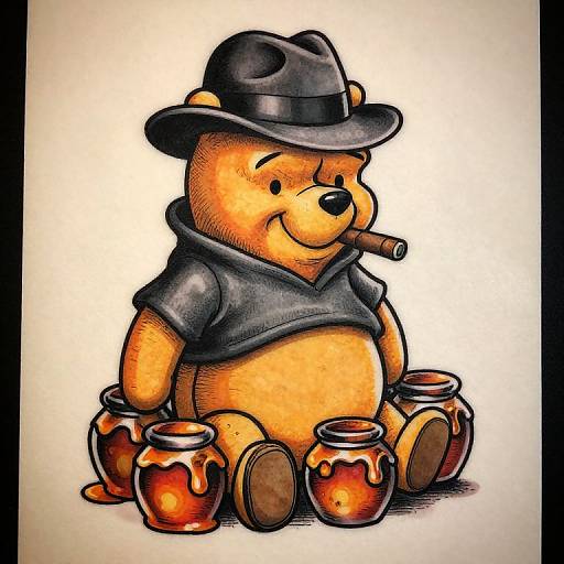 Digital illustration of a smiling, anthropomorphic bear in a black hat and shirt, sitting among six honey jars, with a cigar in mouth. Cartoon style