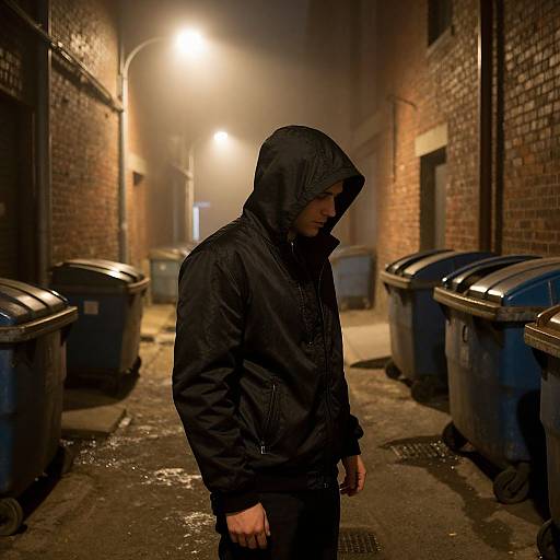 Mysterious Hooded Man in Foggy Alley