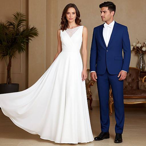 Photograph of a couple in a formal setting: woman in white, sleeveless wedding dress with lace neckline, standing beside a man in dark blue suit