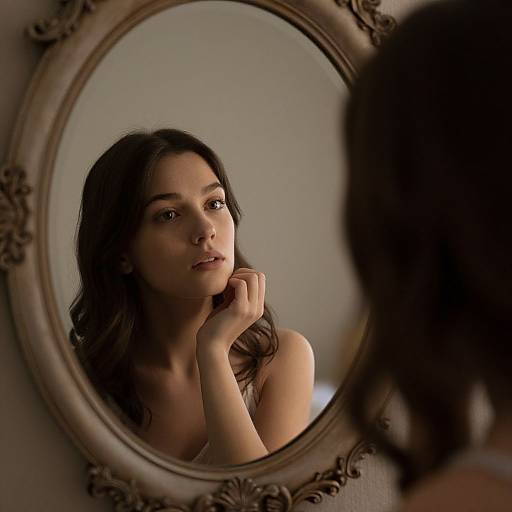 Photograph of a young woman with long brown hair, bare shoulders, and thoughtful expression, reflected in an ornate oval mirror.