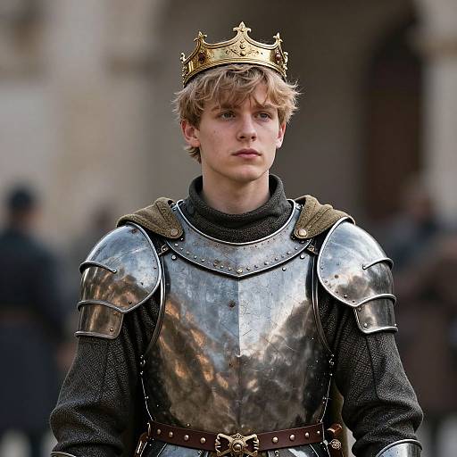 Photograph of a young, fair-skinned, blond-haired boy wearing a gold crown, silver armor, and a black tunic, standing outdoors with