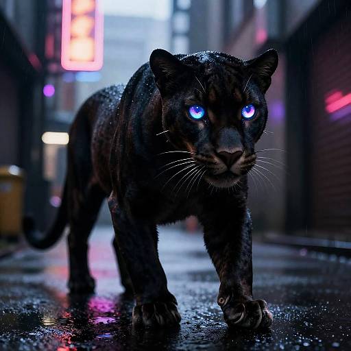Neon Cyberpunk Panther in Rainy Alley