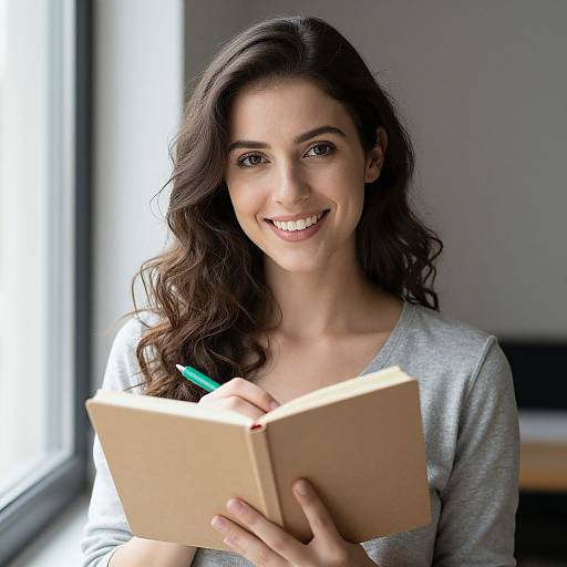 Photograph of a smiling young woman with long, wavy brown hair, wearing a gray sweater, holding an open book and a green pen, standing