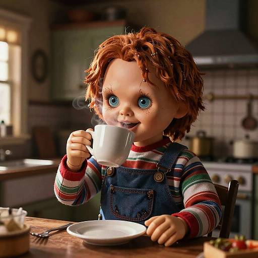 Chucky Drinking Tea in Creepy Dollhouse