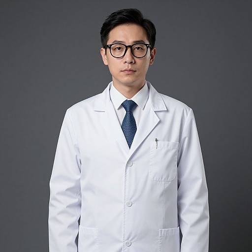 Photograph of an Asian man with short black hair, black-framed glasses, wearing a white lab coat and blue tie, standing against a dark gray