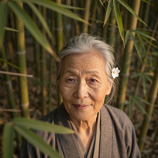 Photograph of an elderly Asian woman with silver hair, wearing a dark kimono, amidst bamboo stalks, with a white flower in her hair,
