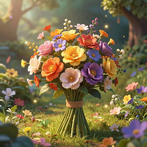 Photograph of a vibrant bouquet of colorful flowers, including orange, yellow, purple, and pink blooms, tied with a brown ribbon, set in a