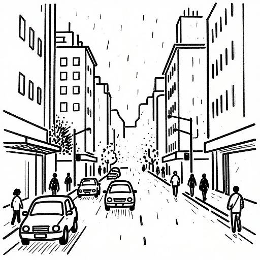 Black and white digital sketch of a bustling city street with tall buildings, cars, pedestrians, and raindrops, rendered in a minimalist, line-art style