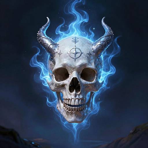 Digital artwork of a glowing white skull with blue flames, black horn-like structures, and mystical symbols, floating in a dark blue, starry background.