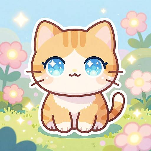 Charming digital drawing of a cute, orange and white cartoon cat with large blue sparkling eyes, sitting in a sunny meadow with pink flowers. Bright