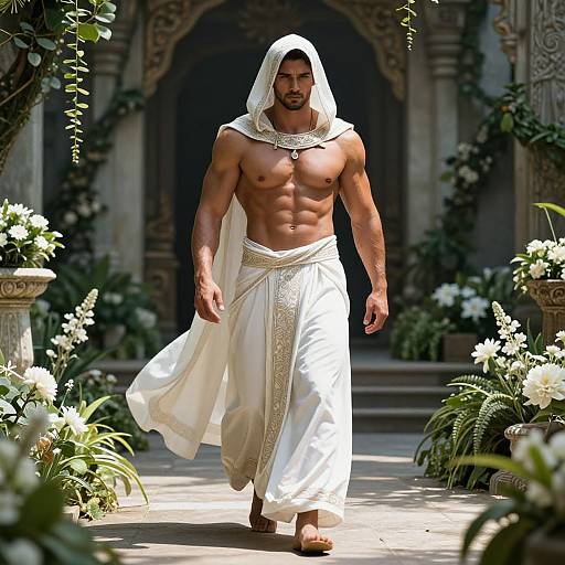 Muscular, bearded man with tan skin, white turban, and white embroidered loincloth walks through a sunlit, ornate garden with