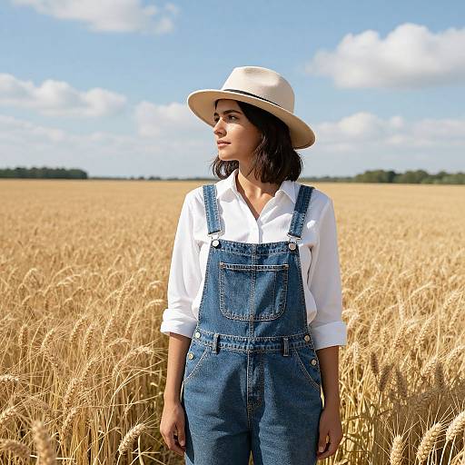 Woman in Wheat Field with Fedora