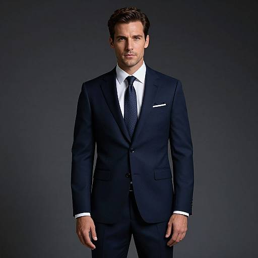 Photograph of a handsome, serious-looking man in a black suit, white shirt, and navy tie, standing against a dark gradient background.