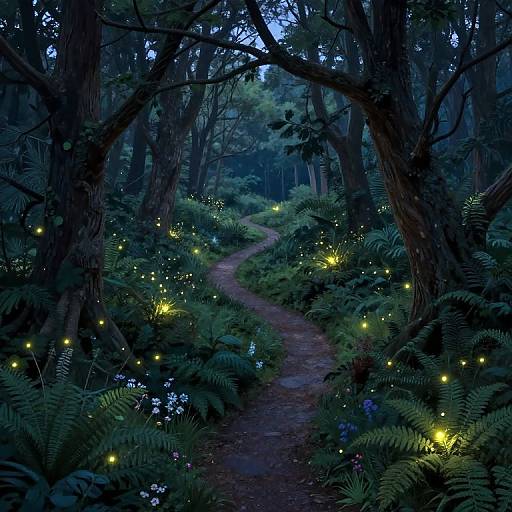 Mystical forest path at twilight, illuminated by glowing fireflies, surrounded by dense ferns, tall trees, and blue-purple flowers. Digital artwork