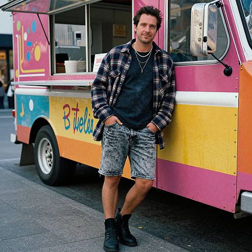 Photograph of a casually dressed man with spiked hair, black plaid shirt, gray shorts, black boots, leaning against a colorful food truck.