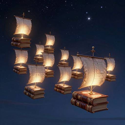 Digital artwork of floating, illuminated, parchment-wrapped books with sail-like pages, glowing warmly against a starry night sky.