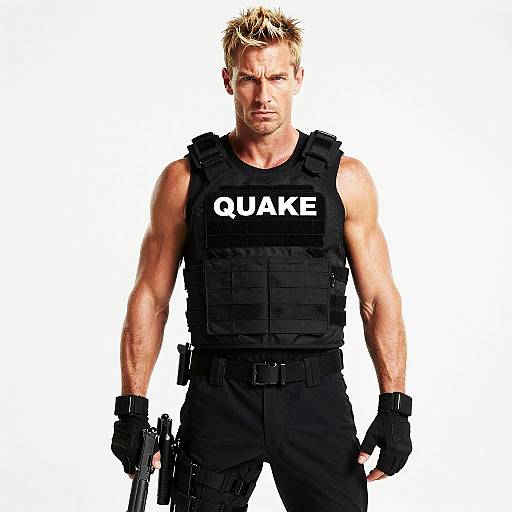 Photograph of a muscular, blond, white man with short hair, wearing a black tactical vest labeled 