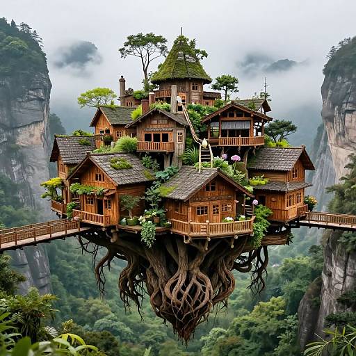 Whimsical, fairy-tale wooden treehouse with intricate roots, surrounded by lush greenery, perched high above a misty, mountainous