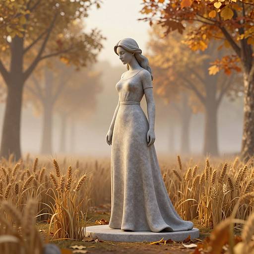 Photorealistic CGI: stone statue of serene woman in long, flowing dress, standing in autumn field with golden wheat and orange-leaved trees. Sun