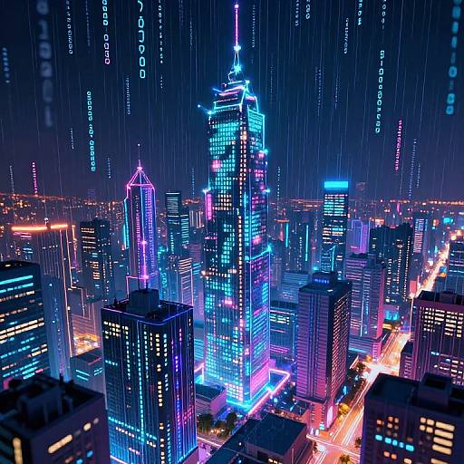 Neon-lit, futuristic cityscape photograph of a densely packed skyscraper-filled urban area at night, with vibrant blue, purple, and pink LED