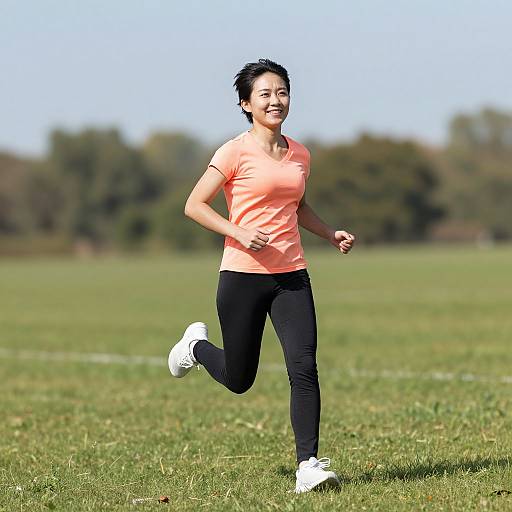 Photograph of a smiling Asian woman with short black hair, wearing a pink shirt, black pants, and white sneakers, running on a sunny grassy