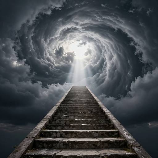 Photograph of a steep, stone staircase leading upwards into a swirling, stormy sky with intense, bright light at the top.