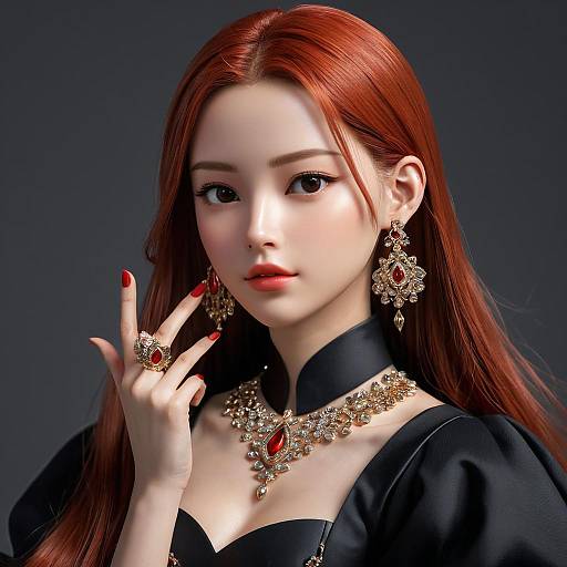 Digital art of a beautiful Asian woman with long red hair, wearing black dress, gold jewelry with red gemstones, and red nail polish, against a