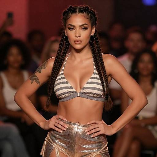 Confident Braided Woman in Shimmering Outfit