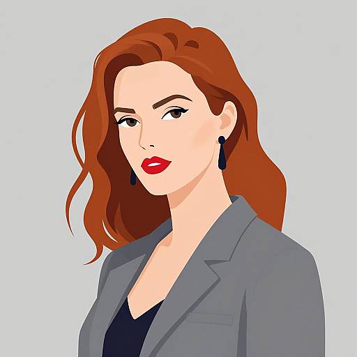 Digital illustration of a confident woman with red hair, red lipstick, black earrings, gray blazer, and black top, against a white background.