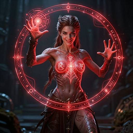 Digital artwork: Muscular, topless woman with glowing red magic circle, holding red orb, intricate tattoos, dark forest background, neon red runes on