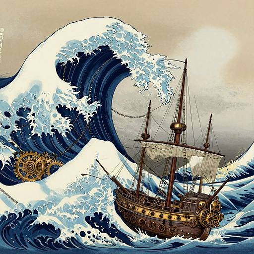 Digital artwork of a wooden ship with sails and gold gears, battling towering blue and white ocean waves, inspired by 