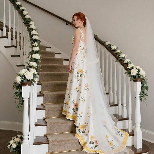 Radiant Red-Haired Bride on Stairs