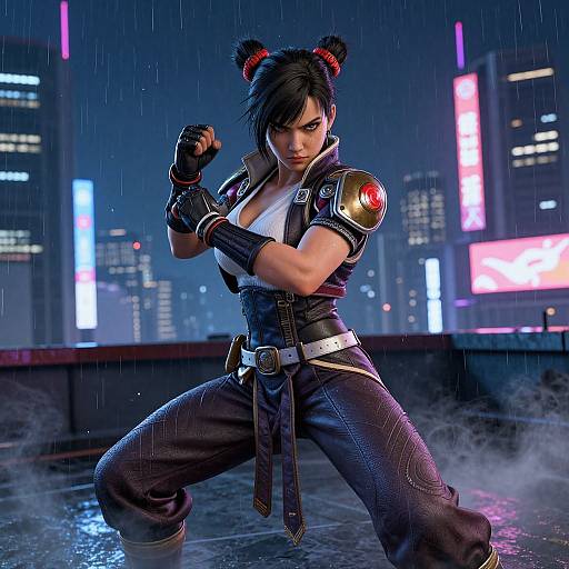 Digital artwork of a fierce female fighter with black hair in buns, wearing a dark blue gi and gloves, kneeling in a rainy cityscape with neon