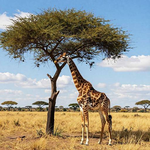 Photograph of a tall giraffe with a spotted coat, leaning to eat from a leafy acacia tree, set against a bright blue sky and